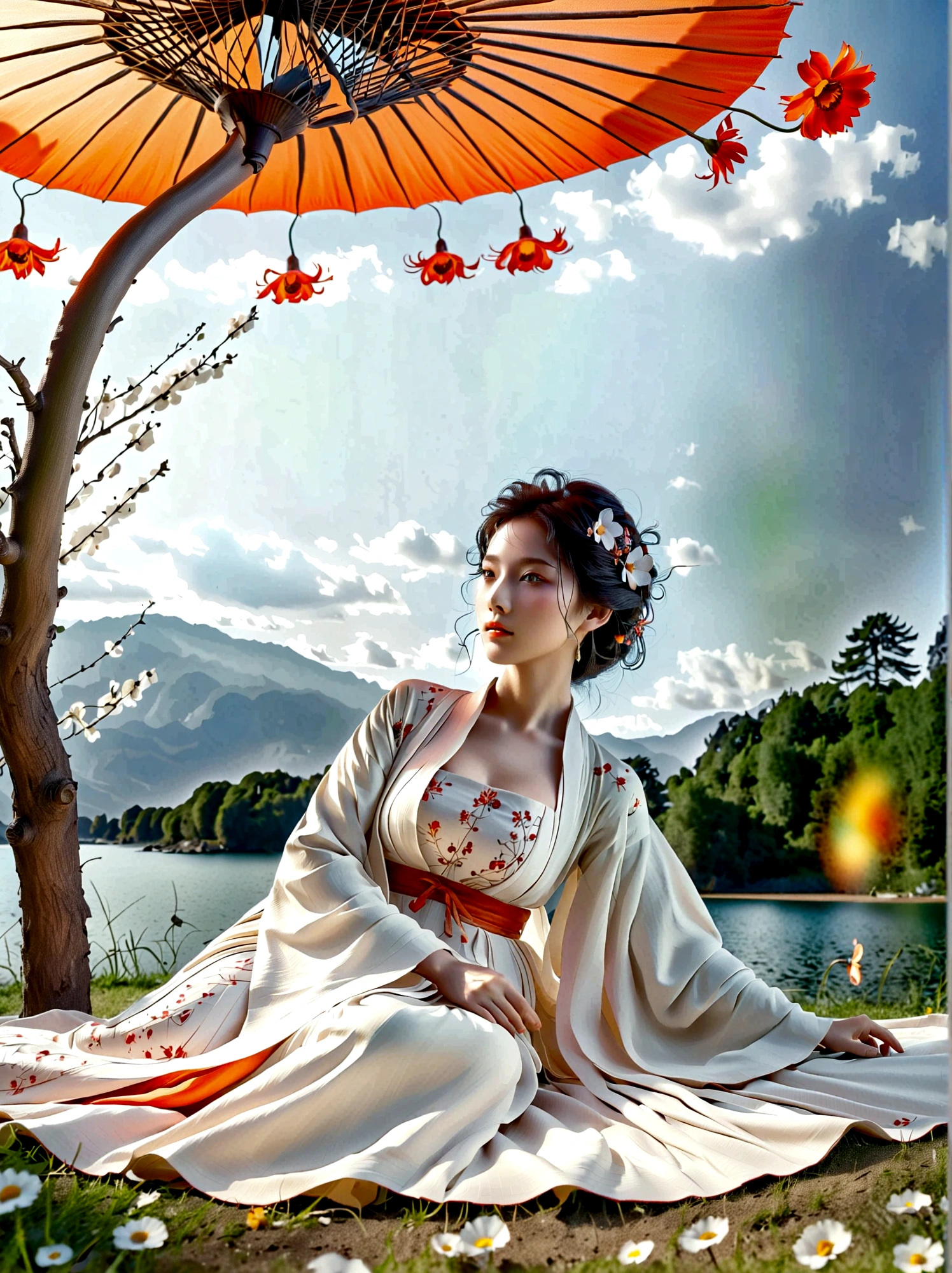 Summer, Lesser Heat, Hot Sun, 1girl, ((beautiful eyes)), ((Perfect and refined limbs)), Sitting, on the grass, tent, flower, outdoor, Tree, landscape, daytime, Sky, cloud, Grass, Orange Blossom, White Flowers, nature, Vague, safflower, (masterpiece, Best quality:1.2), lifelike, Reality, Dreamy light, Intricate details, Ultra Detailed, detail, High contrast, Beautiful and delicate light, Bright, more details, Fine light, very fine 8K CG wallpaper, Abuse of color difference, Very delicate light, Glare, Light, Light Particles, reflection, Depth of Field, Soft colors, Surrealism, Romanticism, Classicism, anatomically correct, textured skin, award winning, 8k