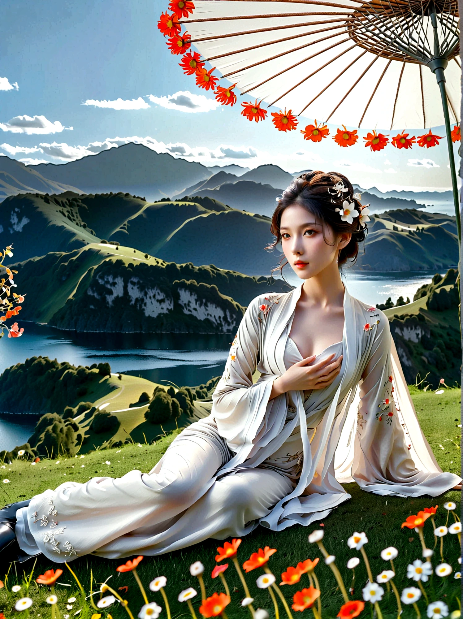 Summer, Lesser Heat, Hot Sun, 1girl, ((beautiful eyes)), ((Perfect and refined limbs)), Sitting, on the grass, tent, flower, outdoor, Tree, landscape, daytime, Sky, cloud, Grass, Orange Blossom, White Flowers, nature, Vague, safflower, (masterpiece, Best quality:1.2), lifelike, Reality, Dreamy light, Intricate details, Ultra Detailed, detail, High contrast, Beautiful and delicate light, Bright, more details, Fine light, very fine 8K CG wallpaper, Abuse of color difference, Very delicate light, Glare, Light, Light Particles, reflection, Depth of Field, Soft colors, Surrealism, Romanticism, Classicism, anatomically correct, textured skin, award winning, 8k