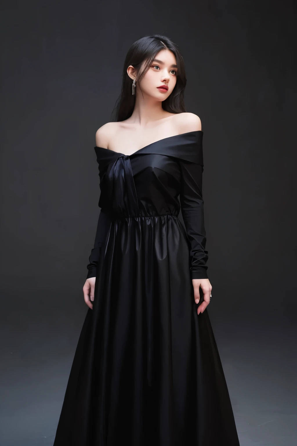 woman, long hair, off shoulder, shiny black dress, model, posing, simple background