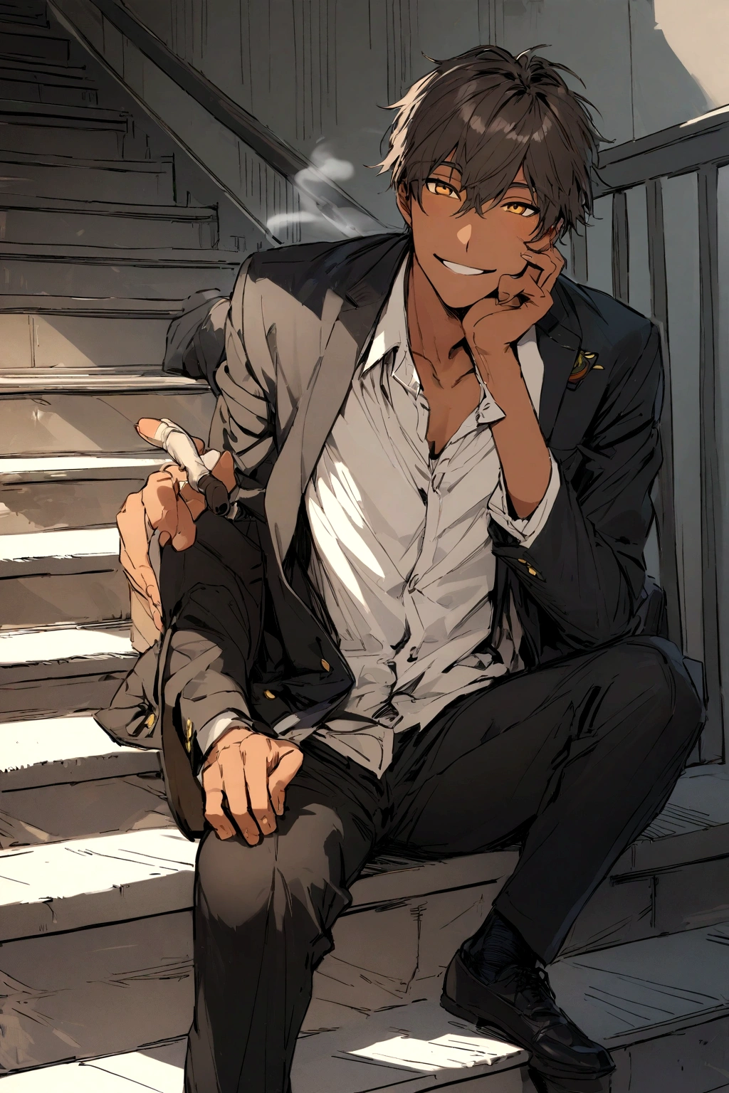 Handsome light tan skinned boy in sitting on the stairs with a cheerful smile while smoking on the stairs from his high school