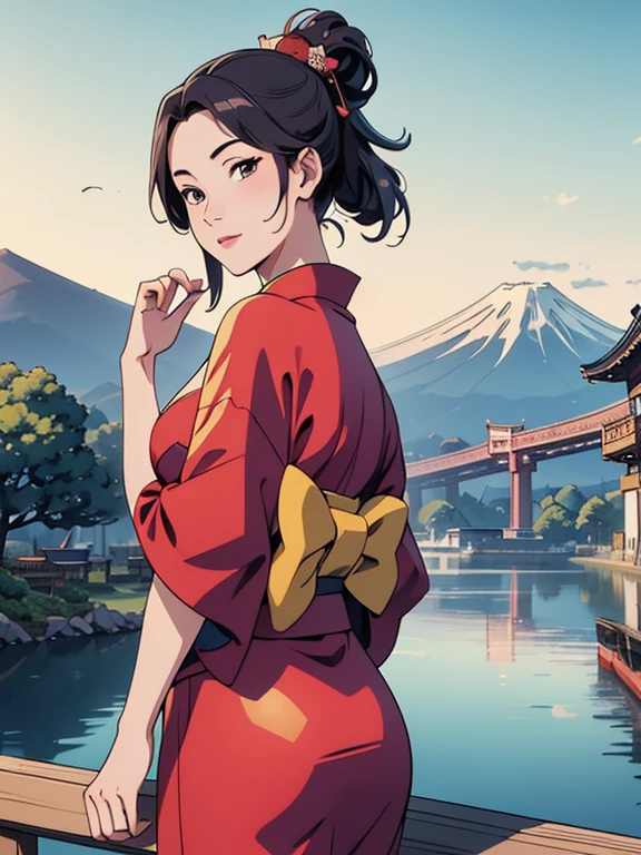 (Highest quality、masterpiece、High resolution、8K)、Colorful、Ukiyo-e、Utamaro、Kimono Beauty、Looking back、bridge、river、Mount Fuji in the distance、Official Art、