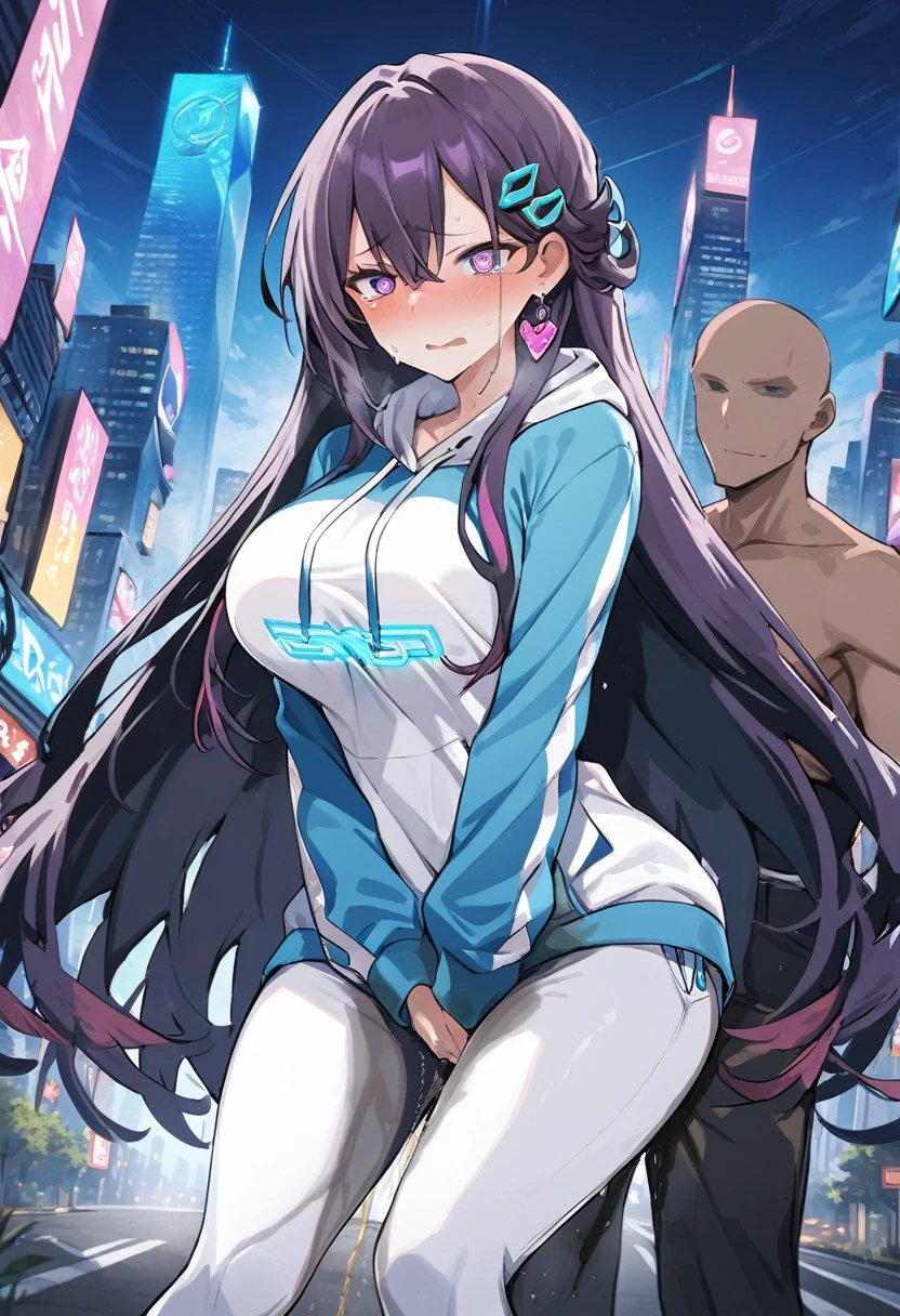 (1girl:1.5), (1boy:1.5), (masterpiece:1.37), best quality, (extremely detailed:1.37), woman, adult, mature, large breasts, (very long hair:1.5), dark purple hair, purple eyes, (extremely detailed eyes:1.37), white hoodie, multicolored hoodie, light blue hoodie, futuristic hoodie, jeans, (desperation:2.0), (wetting: self 3.0), standing, embarrassed, humiliation, blushing, angry, city, futuristic, neon lighting, high-tech, full body