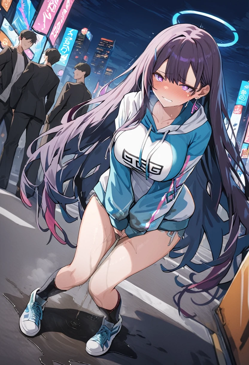 (1girl:1.5), (1boy:1.5), (masterpiece:1.37), best quality, (extremely detailed:1.37), woman, adult, mature, large breasts, (very long hair:1.5), dark purple hair, purple eyes, (extremely detailed eyes:1.37), white hoodie, multicolored hoodie, light blue hoodie, futuristic hoodie, jeans, (desperation:2.0), (wetting: self 3.0), standing, embarrassed, humiliation, blushing, angry, city, futuristic, neon lighting, high-tech, full body