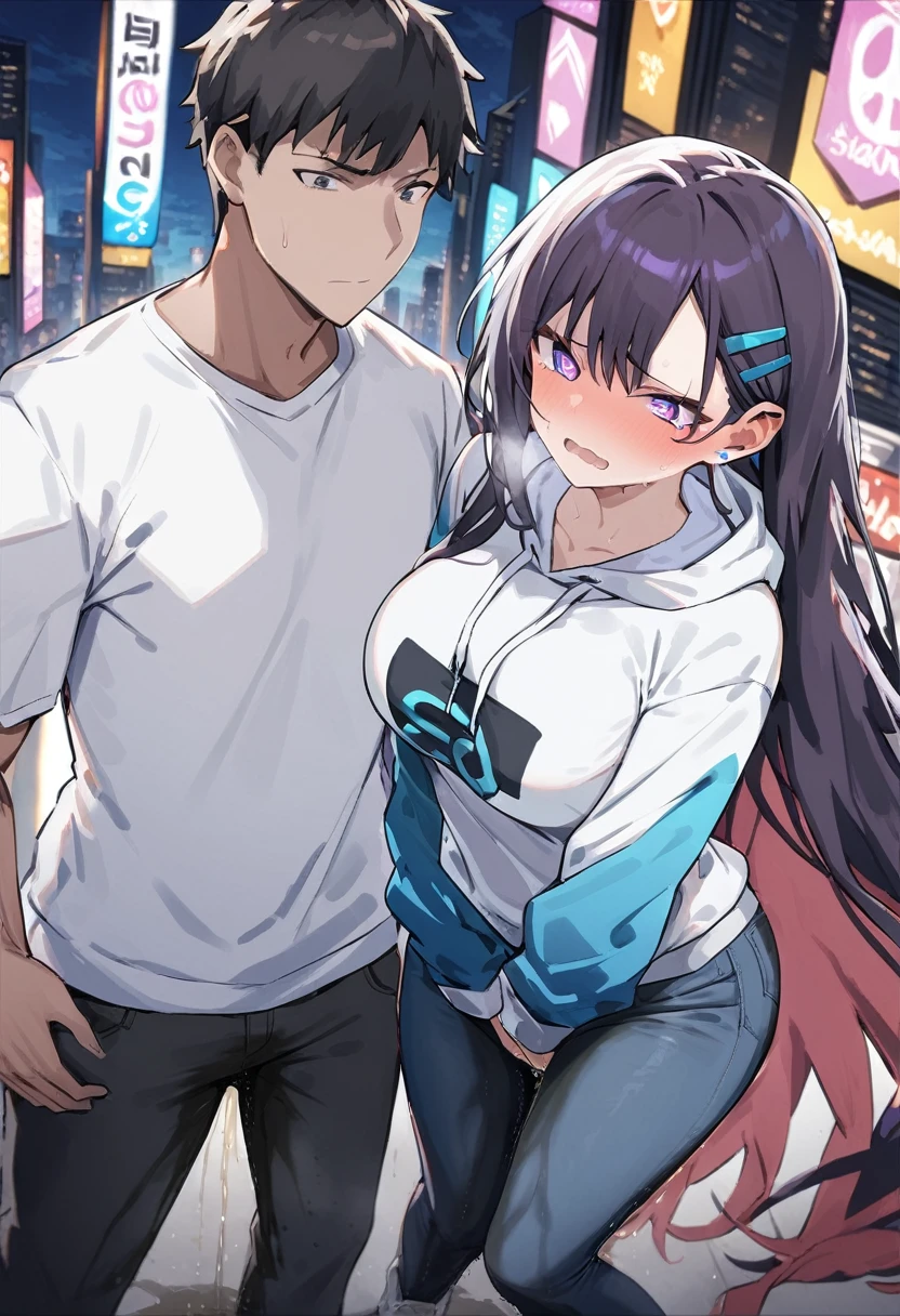 (1girl:1.5), (1boy:1.5), (masterpiece:1.37), best quality, (extremely detailed:1.37), woman, adult, mature, large breasts, (very long hair:1.5), dark purple hair, purple eyes, (extremely detailed eyes:1.37), white hoodie, multicolored hoodie, light blue hoodie, futuristic hoodie, jeans, (desperation:2.0), (wetting: self 3.0), standing, embarrassed, humiliation, blushing, angry, city, futuristic, neon lighting, high-tech, full body