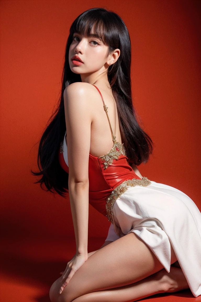 21yo girl, beautiful gown, red background,
