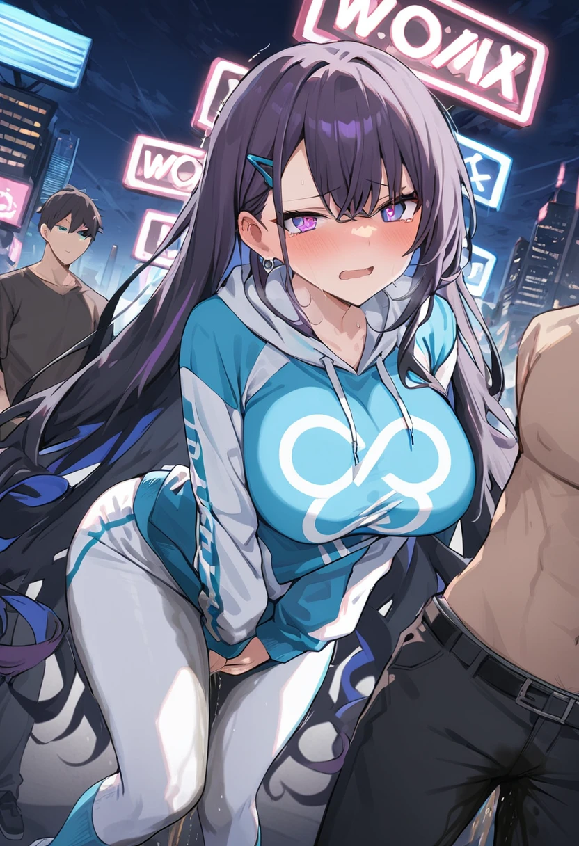 (1girl:1.5), (1boy:1.5), (masterpiece:1.37), best quality, (extremely detailed:1.37), woman, adult, mature, large breasts, (very long hair:1.5), dark purple hair, purple eyes, (extremely detailed eyes:1.37), white hoodie, multicolored hoodie, light blue hoodie, futuristic hoodie, jeans, (desperation:2.0), (wetting: self 3.0), standing, embarrassed, humiliation, blushing, angry, city, futuristic, neon lighting, high-tech, full body