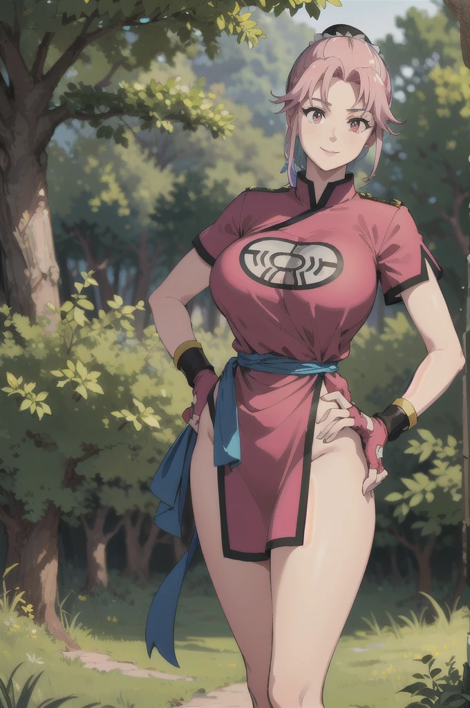 maam,big breasts,beautifuleyes,narrow waist,realistic,solo,outdoor,forest, martialMaam,pink hair,hair bun,long hair,china dress,short sleeves,sash,fingerless gloves,beautiful legs,(hands on hips, looking away) smile 