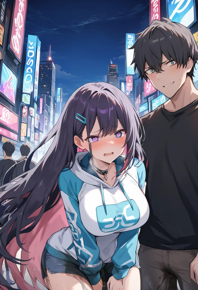 (1girl:1.5), (1boy:1.5), (masterpiece:1.37), best quality, (extremely detailed:1.37), woman, adult, mature, large breasts, (very long hair:1.5), dark purple hair, purple eyes, (extremely detailed eyes:1.37), white hoodie, multicolored hoodie, light blue hoodie, futuristic hoodie, jeans, (desperation:2.0), (wetting: self 3.0), standing, embarrassed, humiliation, blushing, angry, city, futuristic, neon lighting, high-tech, full body
