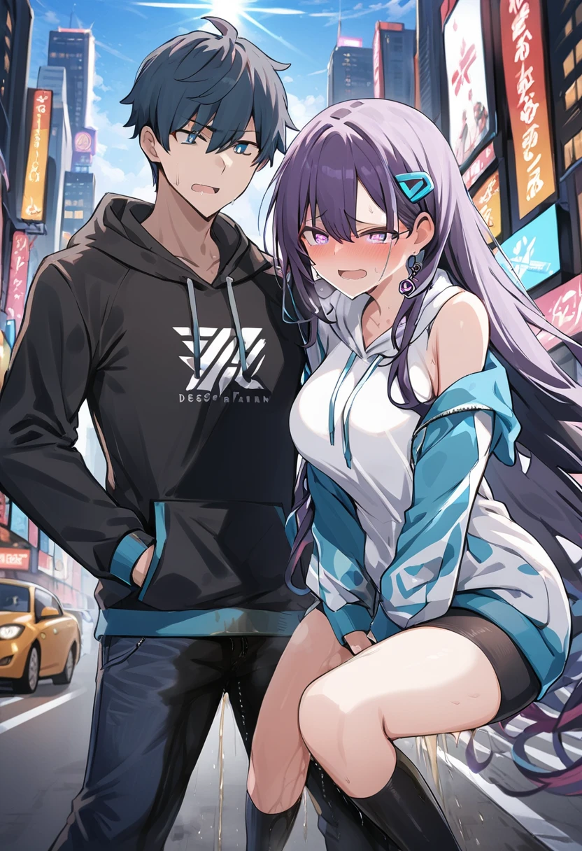 (1girl:1.5), (1boy:1.5), (masterpiece:1.37), best quality, (extremely detailed:1.37), woman, adult, mature, large breasts, (very long hair:1.5), dark purple hair, purple eyes, (extremely detailed eyes:1.37), white hoodie, multicolored hoodie, light blue hoodie, futuristic hoodie, jeans, (desperation:2.0), (wetting: self 3.0), standing, embarrassed, humiliation, blushing, angry, city, futuristic, neon lighting, high-tech, full body