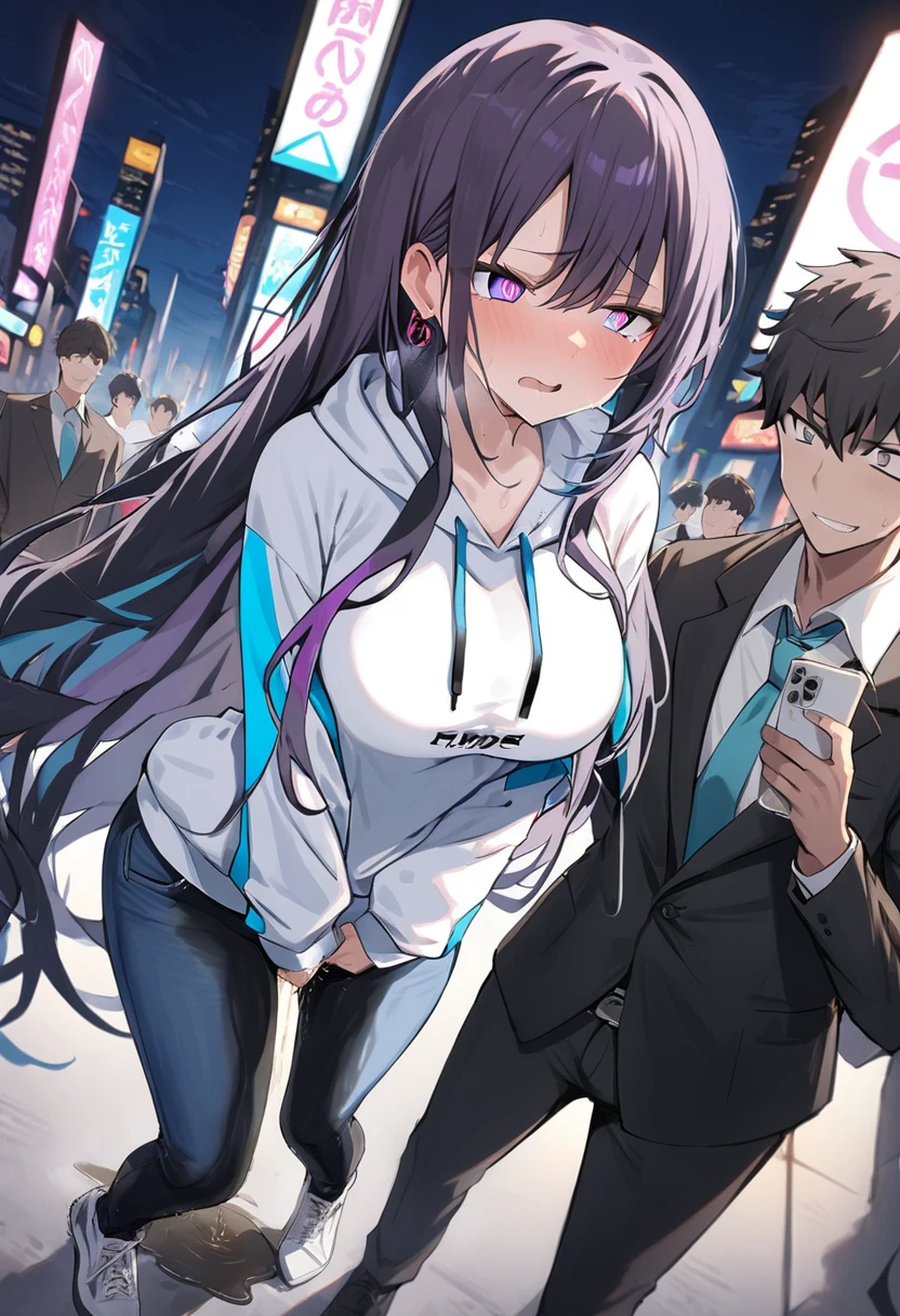 (1girl:1.5), (1boy:1.5), (masterpiece:1.37), best quality, (extremely detailed:1.37), woman, adult, mature, large breasts, (very long hair:1.5), dark purple hair, purple eyes, (extremely detailed eyes:1.37), white hoodie, multicolored hoodie, light blue hoodie, futuristic hoodie, jeans, (desperation:2.0), (wetting: self 3.0), standing, embarrassed, humiliation, blushing, angry, city, futuristic, neon lighting, high-tech, full body