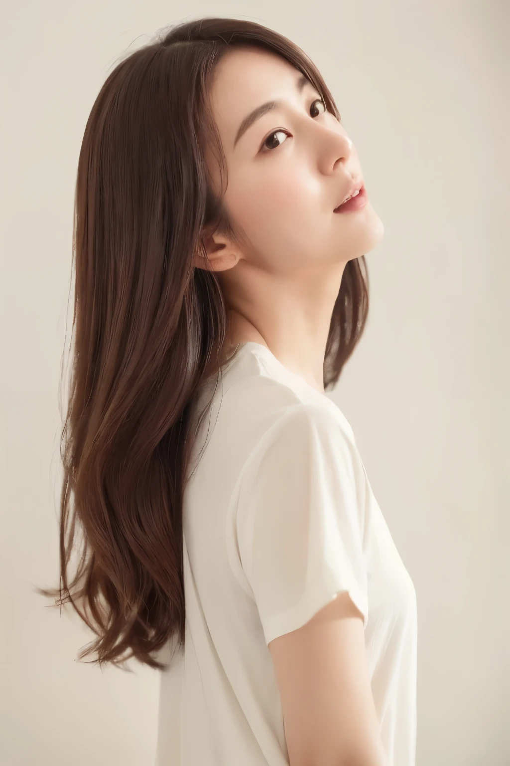 Short sleeve shirt、Japanese woman in her 30s、(White wall in the background、Reddish hair color)、profile、Looking up at the sky、Photographed in front of a white wall、Layered Cut、Very delicate hair、(In a room with white walls and windows)、((Highest quality、8K、masterpiece:1.3))、Ultra-high resolution、(photoGenuineistic:1.4)、RAW Photos、Japanese,(detailed aspects)、Genuine、Photographed in natural light、Highly detailed face and skin texture、Highly detailed lips、The correct state of the human body、Medium Hair、Black Hair、Various poses、Natural color lip