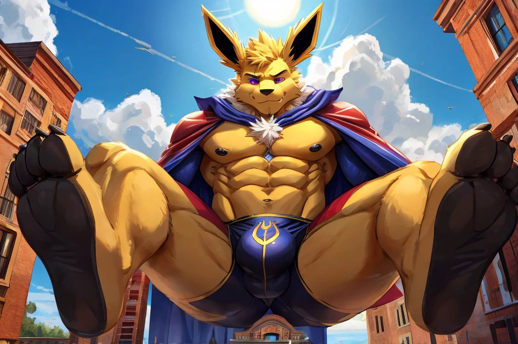 Giant Anthropomorphic Jolteon Pokemon Man, Purple Eyes, Muscular, Looming over the viewer, Tired, Handsome, Charming, View from below, Daddy, Bara, Horny, Flirty, Older Brother, Four toed feet, cock and balls, teasy, teasing the viewer, Macro, Bully, Jock, flirting with tiny viewer, Superhero Costume, Black underwear, Cape