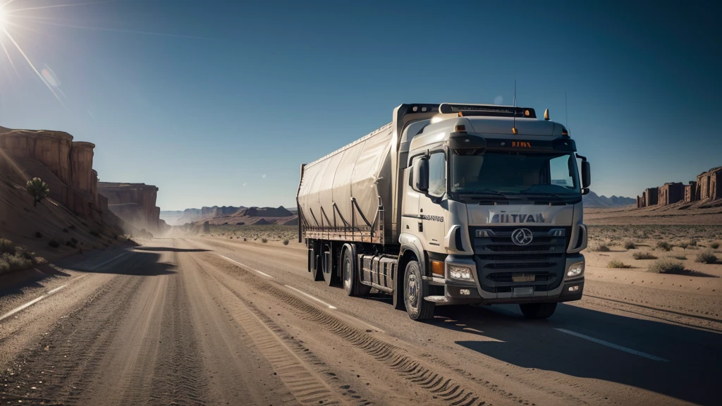 one large lorry on a desert road, dramatic lighting, detailed textures, photorealistic, 8k, hyperrealistic, natural environment, harsh sunlight, dramatic shadows, minimal background, weathered truck, dusty tires, reflective chrome, intricate details, masterpiece, ultra-detailed, vibrant colors, cinematic composition, precise lighting and shading
