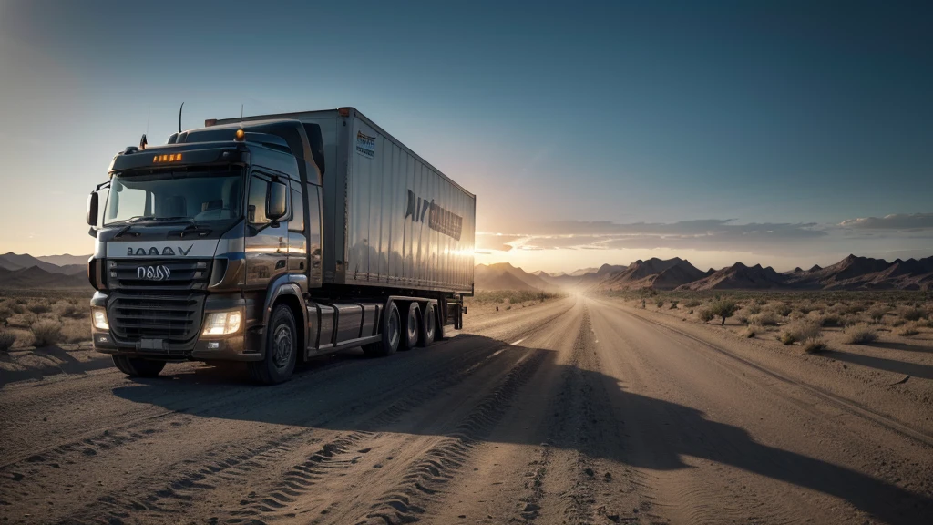 one large lorry on a desert road, dramatic lighting, detailed textures, photorealistic, 8k, hyperrealistic, natural environment, harsh sunlight, dramatic shadows, minimal background, weathered truck, dusty tires, reflective chrome, intricate details, masterpiece, ultra-detailed, vibrant colors, cinematic composition, precise lighting and shading