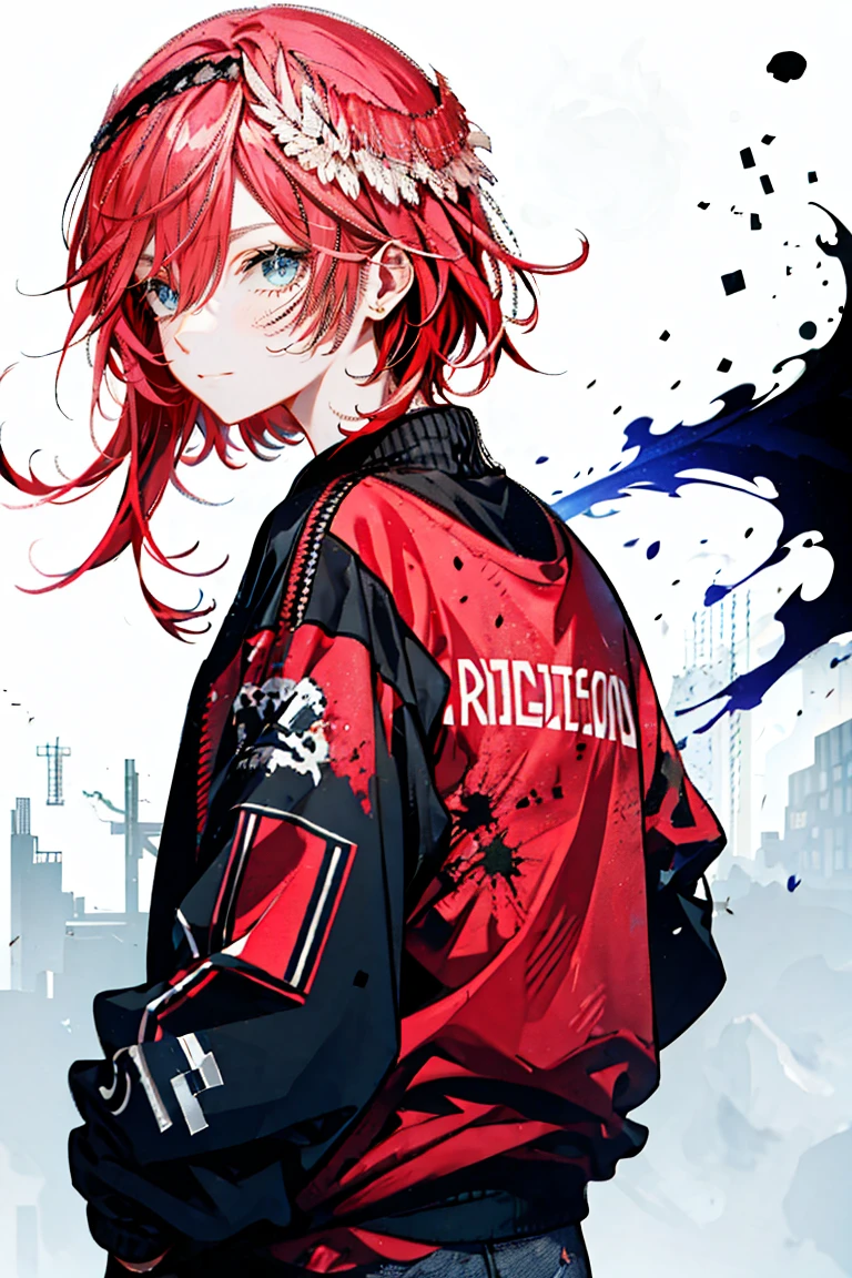 One Girl,Red Hair、Back Shadow Splatter,paint splatter sweatshirt,Off-the-shoulder wear,,Alchemy Research Institute,Mysteries of the Uncharted Territories,Put your hands in your pockets,iris,game scene graph, Rain street background、Red Hair