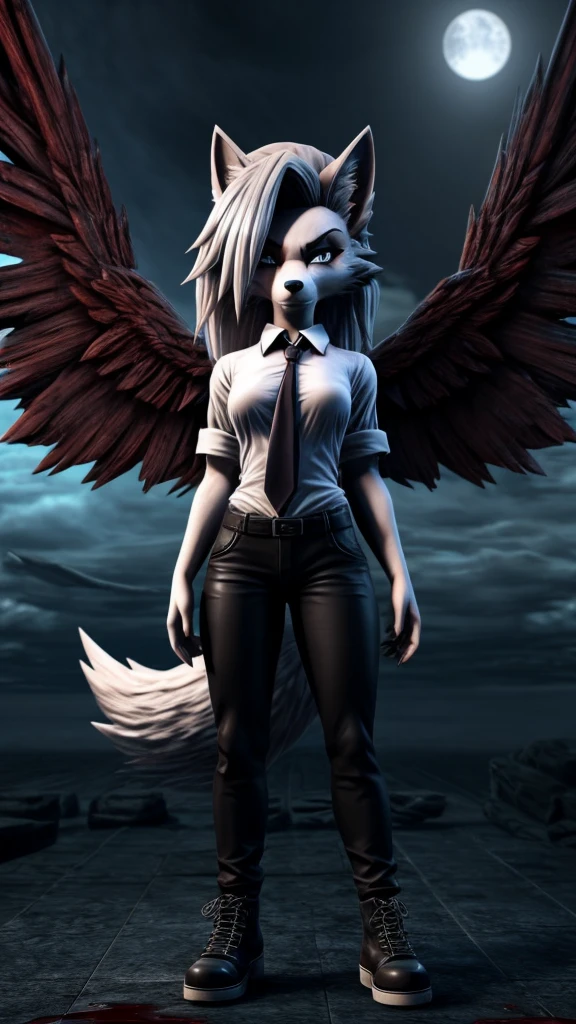 Loona from Helluva Boss, female wolf, anthro, mature adult, white hair, grey eyes, torturer vengeful wrathful angel, blood dripping from eyes, white shirt with tie, black pants, black shoes, blood face, fallen angel wings, bloody halo, standing, cold stare, glowing eyes, standing above a blood ocean, dark, omnious, beautiful, solo, full body, 3d render, Unreal Engine 5, face close up, 4K