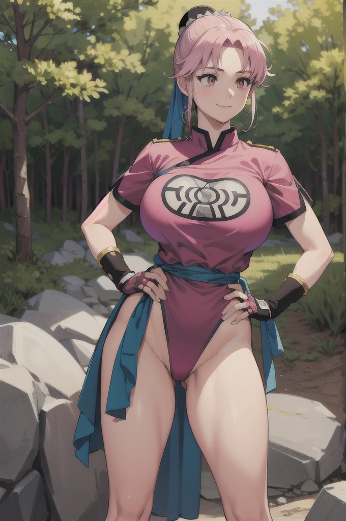 maam,big breasts,beautifuleyes,narrow waist,realistic,solo,outdoor,forest, martialMaam,pink hair,hair bun,long hair,china dress,short sleeves,sash,fingerless gloves,beautiful legs,(hands on hips, looking away) smile