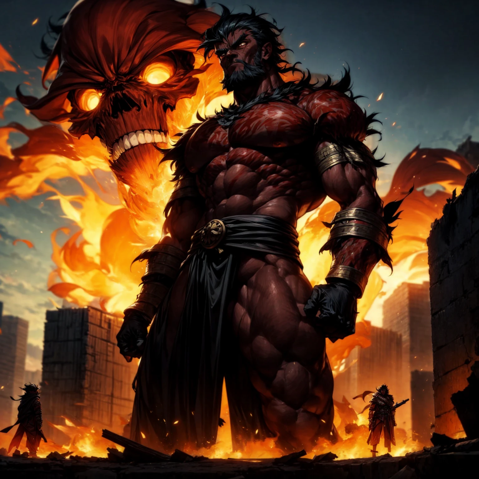 Two warriors saw from a distance a colossal Giant 1000 feet tall, he was emitting black fireballs from his mouth, His skin is burnt, his face is a skull, his hair is burnt, his eyes are burnt, largest muscle, he is 1000 feet tall, like a colossal Titan, (one piece art style), (view: low angle), Fire effect, smoke effect, destroyed tall buildings, he is very tall