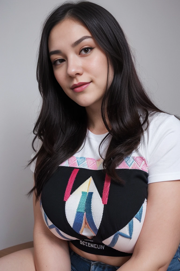 i 22 years old beautiful different cute girl face, big bulky m-cup breast, curvy plus size body figure, Geometric Bliss Designs Embroidery different colorful t-shirt,  different hairstyle, bright eyes, thin eyebrows, fair skin, blushing cheeks, head to thigh close up view, smiling face, ultra realistic skin texture, Straight front view standing, beautiful different Banff National Park, Alberta, Canada background, ultra realistic, close up head to thigh view, long black hair, eye Contact, glossy lipstick, attractive eye contract face, big bulky breast, lighting shadows effect