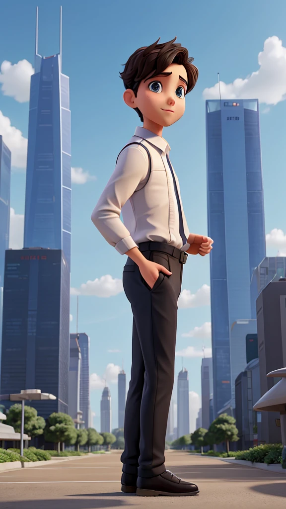 The same seductive boy, very productive, is standing in the futuristic city park in the year 2050, facing the camera from the right side while operating a high-tech device. The background features minimalist buildings and flying vehicles.