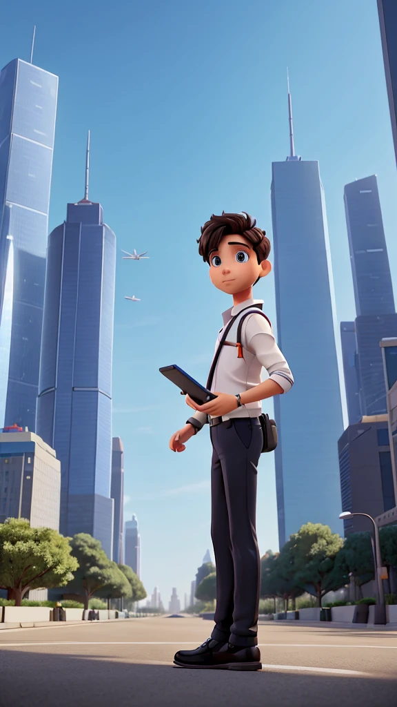 The same seductive boy, very productive, is standing in the futuristic city park in the year 2050, facing the camera from the right side while operating a high-tech device. The background features minimalist buildings and flying vehicles.