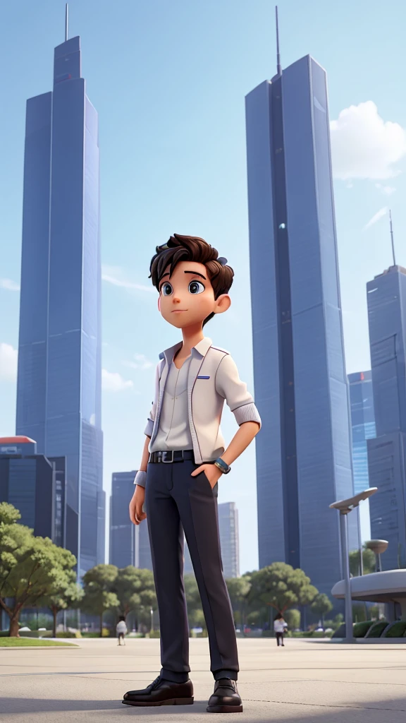 The same seductive boy, very productive, is standing in the futuristic city park in the year 2050, facing the camera from the right side while operating a high-tech device. The background features minimalist buildings and flying vehicles.