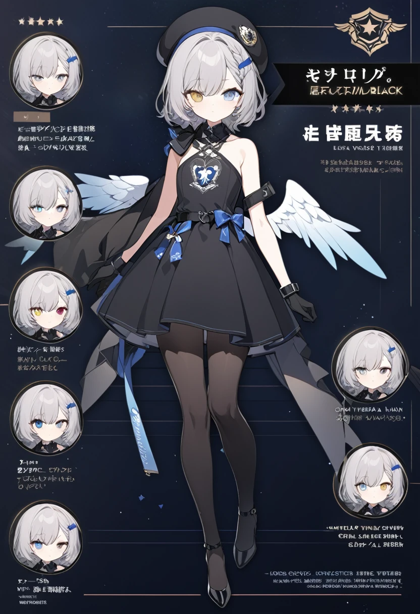 short gray hair,   slim build，Braided Cords Braids，short shoulder length hair，small face， short height of 165cm，adorable，The legs are very thin.，The best quality at the best，Exquisite and epic character art., Amazing modern character trending theme.，character design（character reference sheet：1.10），she wears black knee-high stockings，She wears black stiletto heels, she wears a low-waisted one-piece dress, He wears black gloves up to his forearm., Women, He has one gray eye and one light blue eye., He wears a French beret with an angel wings emblem, Her hair is braided on the left side., She has a star-shaped barrette on the right side of her hair., has sectoral heterochromia, He wears a black belt at hip height..