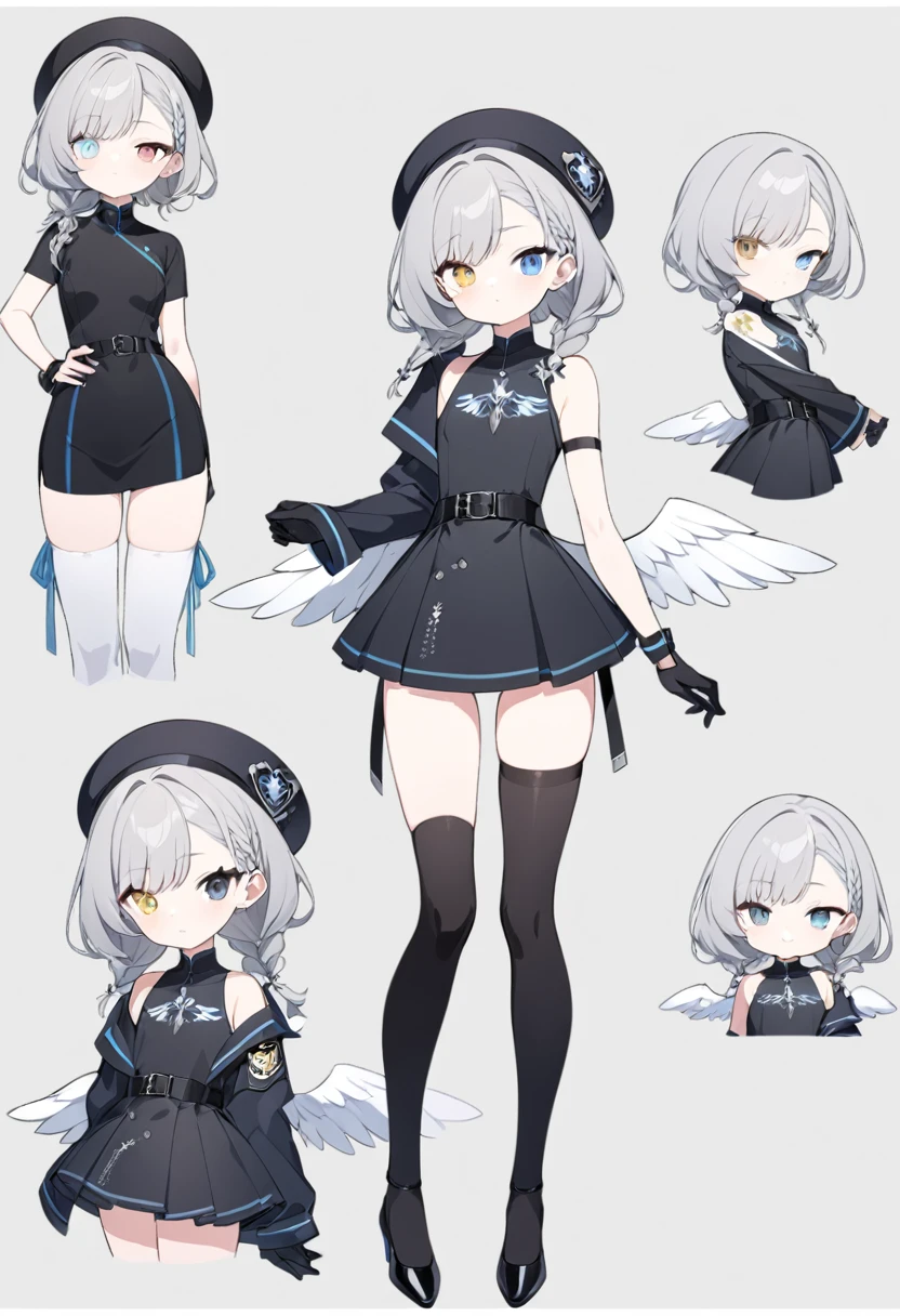 short gray hair,   slim build，Braided Cords Braids，short shoulder length hair，small face， short height of 165cm，adorable，The legs are very thin.，The best quality at the best，Exquisite and epic character art., Amazing modern character trending theme.，character design（character reference sheet：1.10），she wears black knee-high stockings，She wears black stiletto heels, she wears a low-waisted one-piece dress, He wears black gloves up to his forearm., Women, He has one gray eye and one light blue eye., He wears a French beret with an angel wings emblem, Her hair is braided on the left side., She has a star-shaped barrette on the right side of her hair., has sectoral heterochromia, He wears a black belt at hip height..