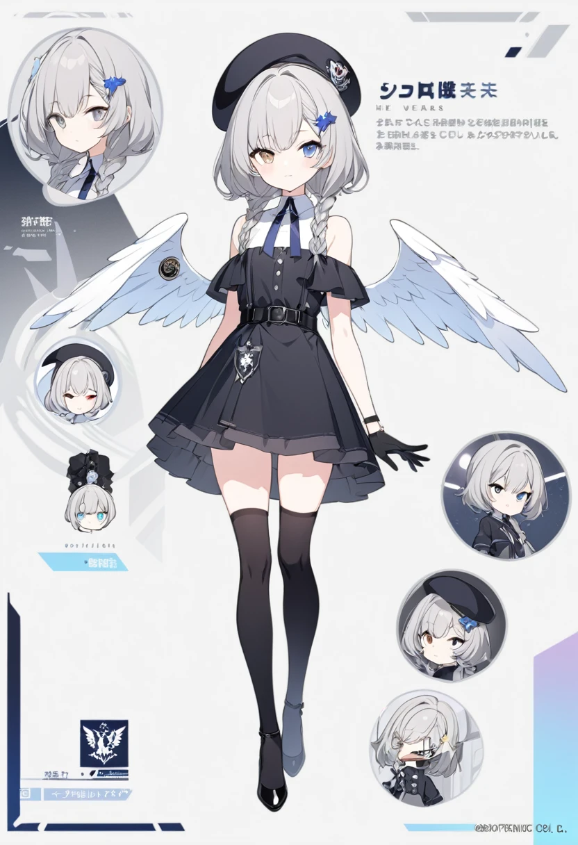 short gray hair,   slim build，Braided Cords Braids，short shoulder length hair，small face， short height of 165cm，adorable，The legs are very thin.，The best quality at the best，Exquisite and epic character art., Amazing modern character trending theme.，character design（character reference sheet：1.10），she wears black knee-high stockings，She wears black stiletto heels, she wears a low-waisted one-piece dress, He wears black gloves up to his forearm., Women, He has one gray eye and one light blue eye., He wears a French beret with an angel wings emblem, Her hair is braided on the left side., She has a star-shaped barrette on the right side of her hair., has sectoral heterochromia, He wears a black belt at hip height..