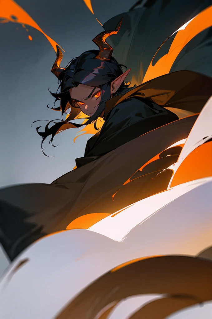 1boy,20 years,solo,serious,((dark skin)),black cloak,black hair,elf ears,(horns),from front,orange eyes,(((no background)))
