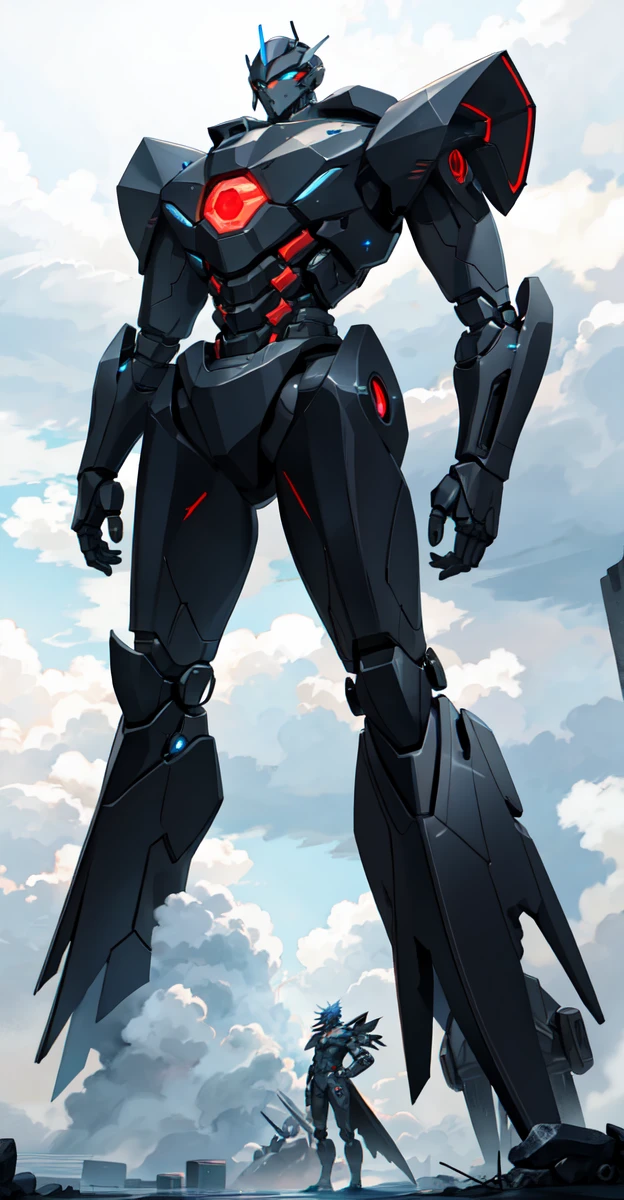 A colossal robot standing in the midst of a violent thunderstorm. The robot has a powerful and intimidating presence with a sleek, armored body in shades of dark blue and red. Its eyes are glowing brightly, and a radiant energy core is visible on its chest. Lightning bolts are striking around and onto the robot, illuminating the scene with intense, dramatic light. The robot’s cape is tattered and flutters in the fierce wind. The background is filled with dark, stormy clouds, with occasional bursts of lightning cutting through the sky. The overall atmosphere is intense and electrifying, conveying a sense of epic power and dominance.