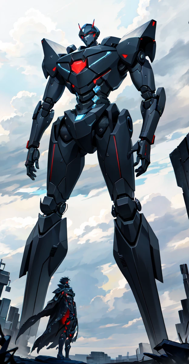 A colossal robot standing in the midst of a violent thunderstorm. The robot has a powerful and intimidating presence with a sleek, armored body in shades of dark blue and red. Its eyes are glowing brightly, and a radiant energy core is visible on its chest. Lightning bolts are striking around and onto the robot, illuminating the scene with intense, dramatic light. The robot’s cape is tattered and flutters in the fierce wind. The background is filled with dark, stormy clouds, with occasional bursts of lightning cutting through the sky. The overall atmosphere is intense and electrifying, conveying a sense of epic power and dominance.