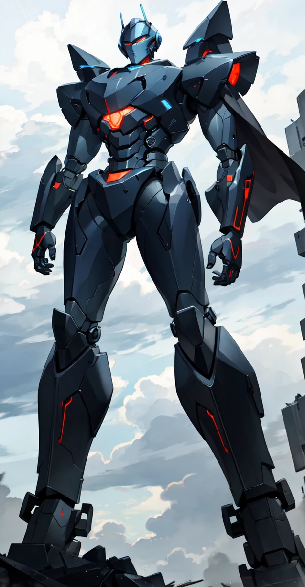 A colossal robot standing in the midst of a violent thunderstorm. The robot has a powerful and intimidating presence with a sleek, armored body in shades of dark blue and red. Its eyes are glowing brightly, and a radiant energy core is visible on its chest. Lightning bolts are striking around and onto the robot, illuminating the scene with intense, dramatic light. The robot’s cape is tattered and flutters in the fierce wind. The background is filled with dark, stormy clouds, with occasional bursts of lightning cutting through the sky. The overall atmosphere is intense and electrifying, conveying a sense of epic power and dominance.