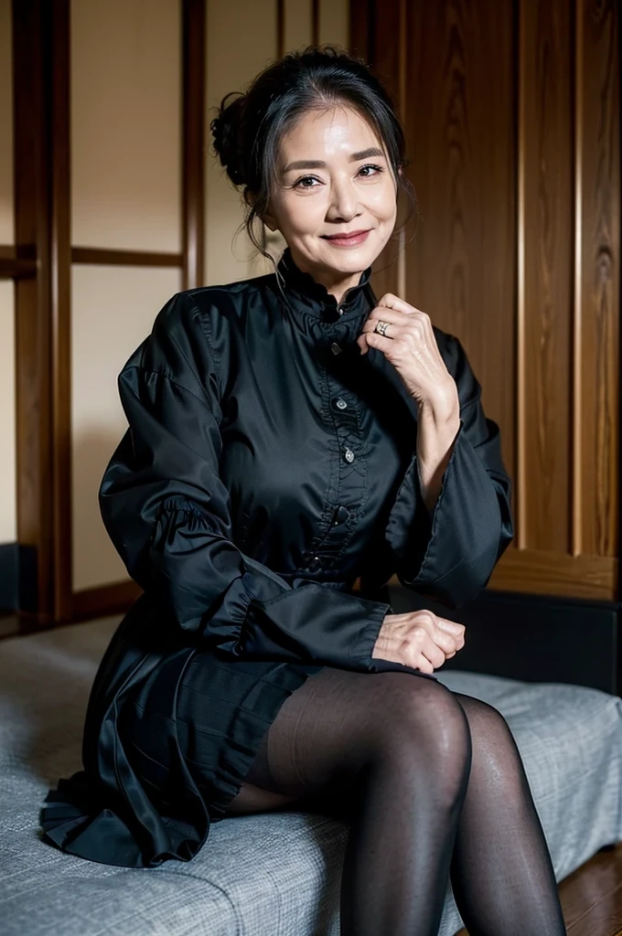 (masterpiece:1.4),(68-year-old woman:1.5),(facial wrinkles 1.2),A kind smile, (Updo : 1.1), (black suit), (black skirt), (black nylon tights : 1.1), Motherhood Mature Woman, (focus on legs : 1), on tatami, traditional japanese room,