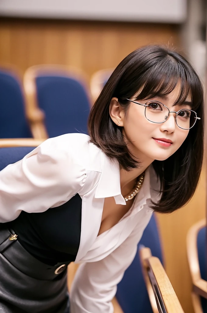 A voluptuous, rounded body、University lecture hall, university psychology associate professor, ((full body)), ((photo)), ((best qualtiy, 8K, tmasterpiece:1.3)), Focus:1.2, perfect figure beautiful woman:1.41woman, cowboy shot, look at viewer, eyes facing the camera, incredibly absurd, beautiful and cute woman with a photorealistic face, showcasing top-quality craftsmanship, A Japanese woman giving a lecture at a university lecture hall, 27 years old, with a bob cut and flipped hair, short bangs swept at an angle, smooth and shiny hair, natural hairline, fair and smooth skin, plump and healthy cheeks, large, jet black eyes, round eyes, long and upward-facing eyelashes, double eyelids, thin and straight eyebrows, small and round nose, plump lips, upturned corners of the mouth, charming smile, cute face, glamorous, well-balanced proportions, tall, beautiful D-cup breasts, silver-rimmed glasses, pink blouse, black tight skirt, fashion with a waist-marked silhouette, scarf, heeled shoes, vanilla perfume, beautiful, pretty older woman, glasses suit her, knowledgeable, playful, curious, smart, elegant, November
