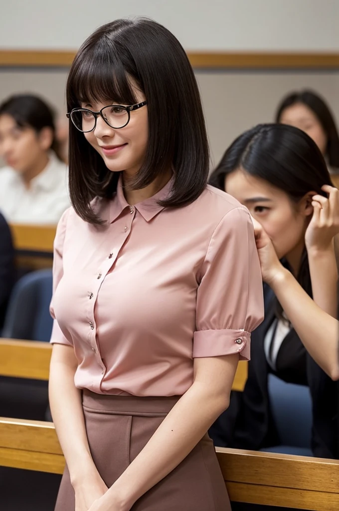 A voluptuous, rounded body、University lecture hall, university psychology associate professor, ((full body)), ((photo)), ((best qualtiy, 8K, tmasterpiece:1.3)), Focus:1.2, perfect figure beautiful woman:1.41woman, cowboy shot, look at viewer, eyes facing the camera, incredibly absurd, beautiful and cute woman with a photorealistic face, showcasing top-quality craftsmanship, A Japanese woman giving a lecture at a university lecture hall, 27 years old, with a bob cut and flipped hair, short bangs swept at an angle, smooth and shiny hair, natural hairline, fair and smooth skin, plump and healthy cheeks, large, jet black eyes, round eyes, long and upward-facing eyelashes, double eyelids, thin and straight eyebrows, small and round nose, plump lips, upturned corners of the mouth, charming smile, cute face, glamorous, well-balanced proportions, tall, beautiful D-cup breasts, silver-rimmed glasses, pink blouse, black tight skirt, fashion with a waist-marked silhouette, scarf, heeled shoes, vanilla perfume, beautiful, pretty older woman, glasses suit her, knowledgeable, playful, curious, smart, elegant, November