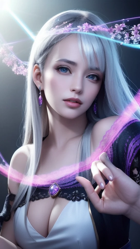 (masterpiece, top quality, 1 female, solo, exquisite details, chromatic aberration), (realistic), (skin), ((breathing)), (silver hair, blunt bangs, cropped straight long hair, short bangs, silver hair), beautiful hair, red headdress, highlights, hair on one eye, beautiful eyes, purple eyes, thick lips, earrings, piercing eyes, ((gold and white kimono)), ((symmetrical eyes)), ((perfectly symmetrical body)), ((perfectly symmetrical hands)), (purerosface_v1:0.3), full moon night, ((self, natural light))), bright lighting, flowers blooming in the background, in front of the viewer, ((central shot, from the front, (face and shoulders))), mysterious atmosphere, colorful flowers blooming around, light colored background, fortune teller in kimono, beautiful fortune teller, fortune teller, Fantasy female fortune teller, female fortune teller, fantasy photography, Japanese style, fortune teller in kimono, elegant cinematic fantasy art, fantasy woman, magician portrait, fortune teller, powerful wizard surrounded by mystical colorful flowers, holding a glowing heart crystal ball, eyes glowing with mystical energy, spells leaking from her mouth, vivid swirls of sorcery pulsating with iridescent hues appear in the air, magic permeates, flowers bloom, sacred creatures gaze in awe, threads of magical energy dance, reveal hidden realms, unravel secrets, capture the essence of this enchanting moment and bring to life the mysterious power of sorcery on a canvas of the highest quality and finest detail. Top Quality, Masterpiece, Ultra High Resolution, (Photorealistic: 1.4), RAW Photo, Sharp Focus, High Resolution, Detailed Skin.