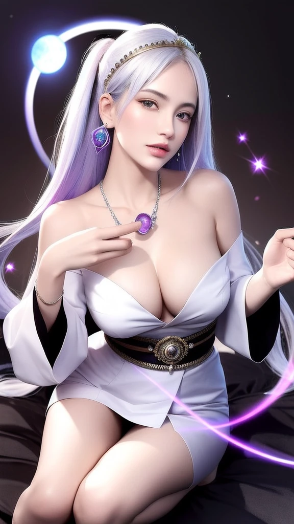 (masterpiece, top quality, 1 female, solo, exquisite details, chromatic aberration), (realistic), (skin), ((breathing)), (silver hair, blunt bangs, cropped straight long hair, short bangs, silver hair), beautiful hair, red headdress, highlights, hair on one eye, beautiful eyes, purple eyes, thick lips, earrings, piercing eyes, ((gold and white kimono)), ((symmetrical eyes)), ((perfectly symmetrical body)), ((perfectly symmetrical hands)), (purerosface_v1:0.3), full moon night, ((self, natural light))), bright lighting, flowers blooming in the background, in front of the viewer, ((central shot, from the front, (face and shoulders))), mysterious atmosphere, colorful flowers blooming around, light colored background, fortune teller in kimono, beautiful fortune teller, fortune teller, Fantasy female fortune teller, female fortune teller, fantasy photography, Japanese style, fortune teller in kimono, elegant cinematic fantasy art, fantasy woman, magician portrait, fortune teller, powerful wizard surrounded by mystical colorful flowers, holding a glowing heart crystal ball, eyes glowing with mystical energy, spells leaking from her mouth, vivid swirls of sorcery pulsating with iridescent hues appear in the air, magic permeates, flowers bloom, sacred creatures gaze in awe, threads of magical energy dance, reveal hidden realms, unravel secrets, capture the essence of this enchanting moment and bring to life the mysterious power of sorcery on a canvas of the highest quality and finest detail. Top Quality, Masterpiece, Ultra High Resolution, (Photorealistic: 1.4), RAW Photo, Sharp Focus, High Resolution, Detailed Skin.