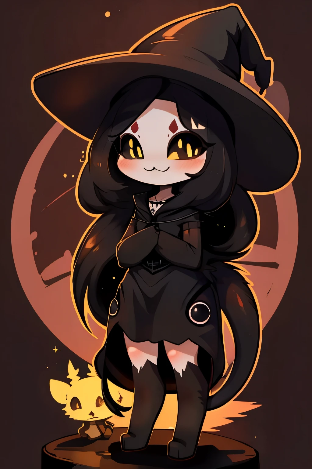 source_anime, male, flat chest, pointy ears, multiple eyes, emo, gothic, witch hat, black clothing, black necklace, solo, light skin, horn, black sclera, yellow pupils, arachnoid, demon tail, (chibi:1.1), black hair, long hair, cute pose, blushing, smiling