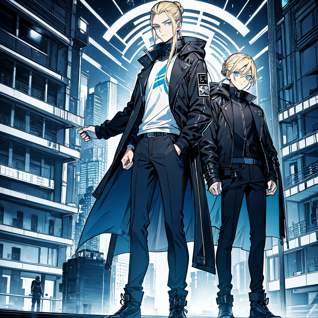 Tall, lean, male, blue eyes, blonde hair put in manbun, wearing black biker style jacket with blue outlines, black pants and boots, glowing blue slightly outfit, in the night city.