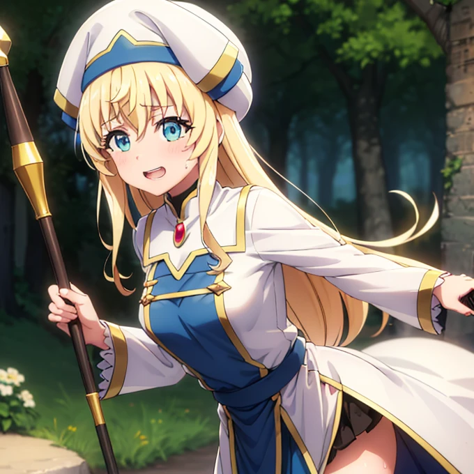 masterpiece, Highest quality, Ultra-high resolution, Highest quality, Anime Style, Beautiful Face, Goblin Slayer, Priestessess, White and blue clothes, (One girl:1.3), White Hat, (Carrying a walking stick:1.3), (Green Wind Effect:1.3), teeth, teeth focus, Lift up your skirt, Skirt flip, anus, pubic hair, Sweat, embarrteethed, Grin,