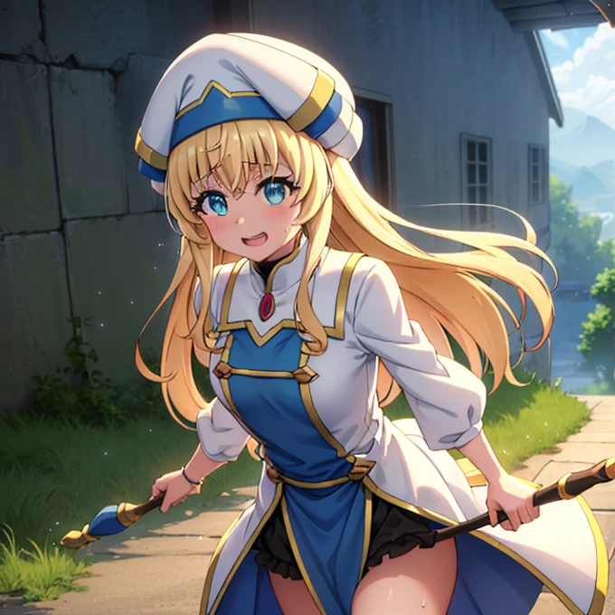 masterpiece, Highest quality, Ultra-high resolution, Highest quality, Anime Style, Beautiful Face, Goblin Slayer, Priestessess, White and blue clothes, (One girl:1.3), White Hat, (Carrying a walking stick:1.3), (Green Wind Effect:1.3), teeth, teeth focus, Lift up your skirt, Skirt flip, anus, pubic hair, Sweat, embarrteethed, Grin,