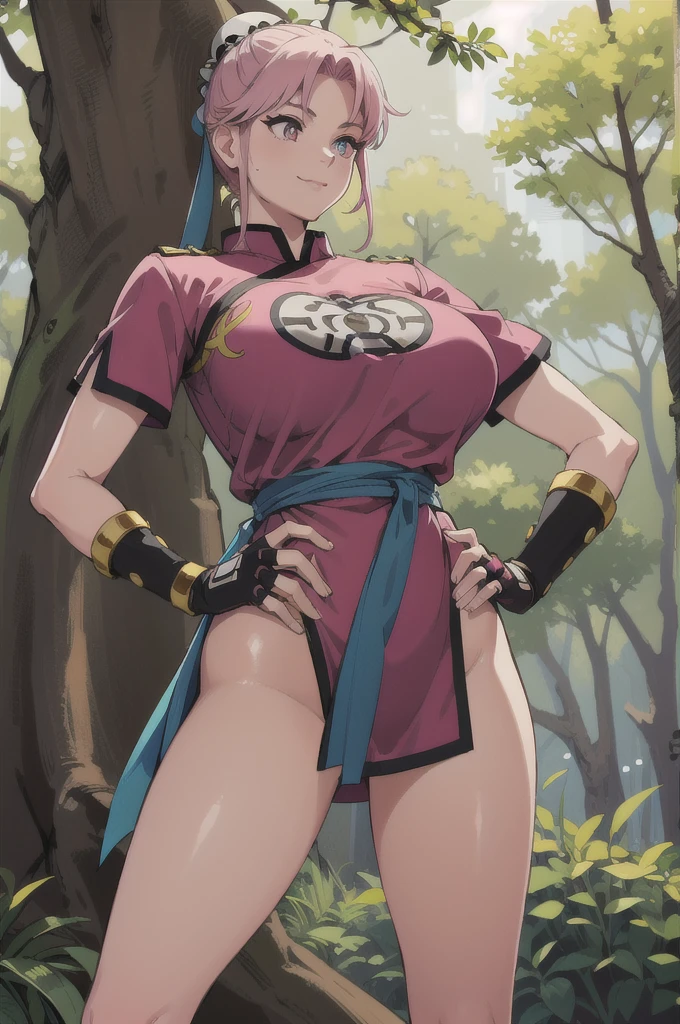 maam,big breasts,beautifuleyes,narrow waist,realistic,solo,outdoor,forest, martialMaam,pink hair,hair bun,long hair,china dress,short sleeves,sash,fingerless gloves,beautiful legs,(hands on hips, looking away) smile 