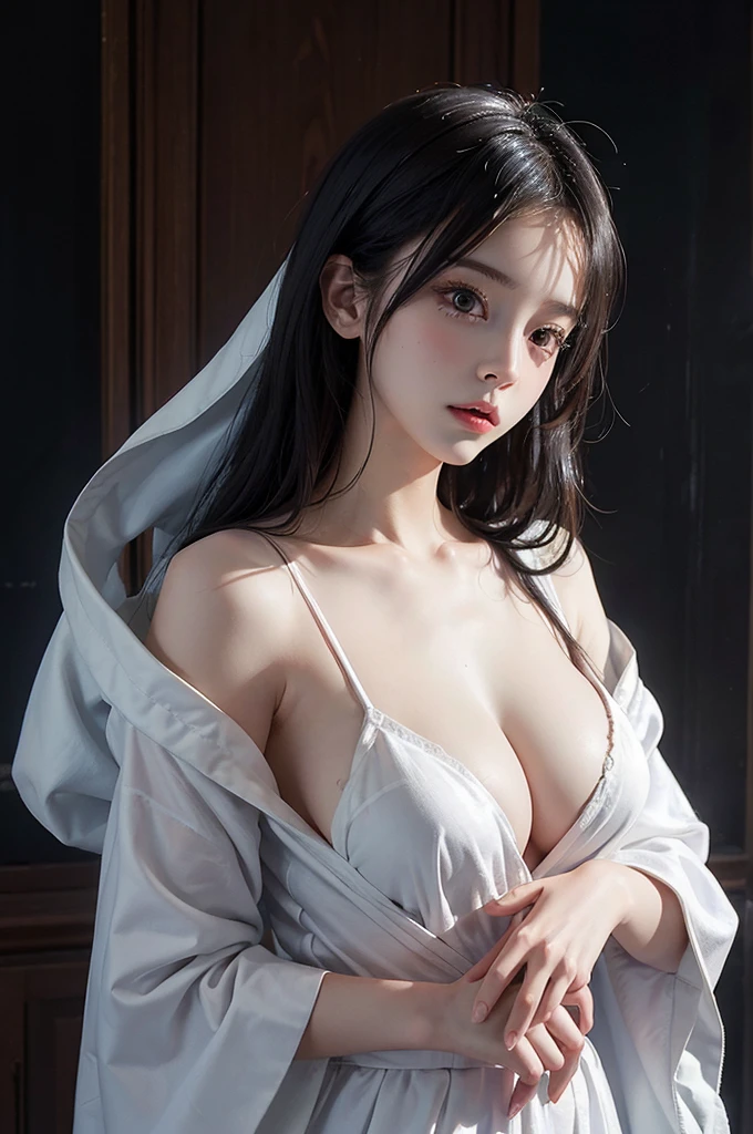 Highest quality, masterpiece, look up, Upper Body, cute,(Horror),((Female ghost,Dead)),(y),(sex(Completely naked)te robes),Baby,Black Hair,((Large breasts)),Beautile,(Dark atmosphere)