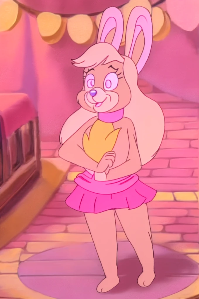 Furry Yellow bunny with white eyes with hot pink pupil and pink collar with a heart, with mat instead of chest without clothes just a skirt cartoonish Hanna-Barbera type, Women, Mexican pink volume skirt, BALD, with her hands holding the skirt, solo