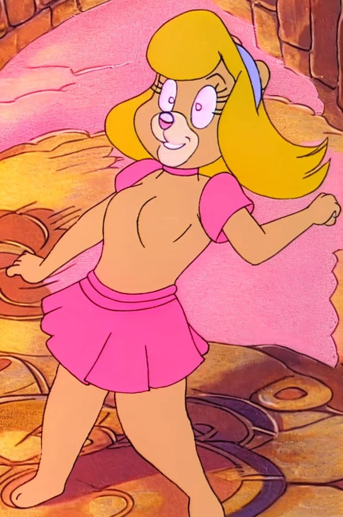 Furry Yellow bunny with white eyes with hot pink pupil and pink collar with a heart, with mat instead of chest without clothes just a skirt cartoonish Hanna-Barbera type, Women, Mexican pink volume skirt, BALD, with her hands holding the skirt, solo