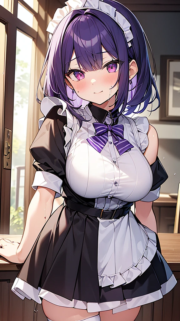 最high quality, high quality, Super detailed, 32k, Ultra-detailed details, 2 girls, With maid(only, pretty girl, beautiful purple hair, Beautiful purple eyes, Big Breasts, A light smile, Red eyes, Off-the-shoulder sleeveless Summer clothes, Summer casual maid clothes, Short skirt, Blue and white color striped underwear, Black knee socks, My crotch is wet with love juice, 18-year-old,cute), with my sister(, A grotesque face with the skin peeled off, Facial muscles are fully exposed, Chest is medium, , Junior high school uniform), {{Witness the maid peeling off the skin of her sister's face and replacing it with her own}}, NSFW