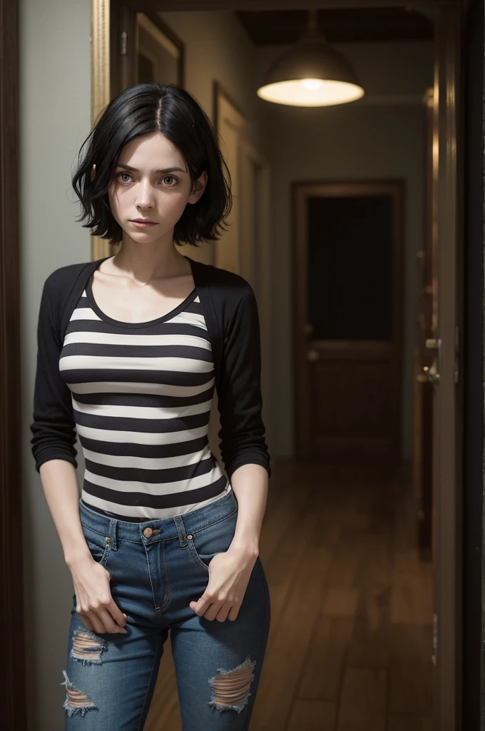 Create a realistic image of Coraline Jones, from Neil Gaiman's book 'Coraline', in a live-action version. Coraline must have short, dark hair, wear a striped t-shirt, jeans and comfortable shoes. She should have a curious and determined appearance, with large, expressive eyes. The background should be an environment similar to her house in the book, with a slightly dark and mysterious atmosphere, reflecting the tone of the story.
The background of the image is dark