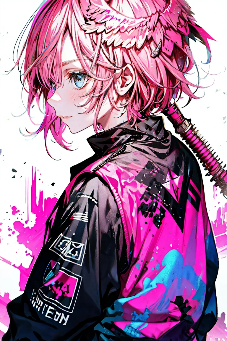 One Girl,Pink Hair、Back Shadow Splatter,paint splatter sweatshirt,Off-the-shoulder wear,,Alchemy Research Institute,Mysteries of the Uncharted Territories,Put your hands in your pockets,iris,game scene graph, Rain street background、Red Hair