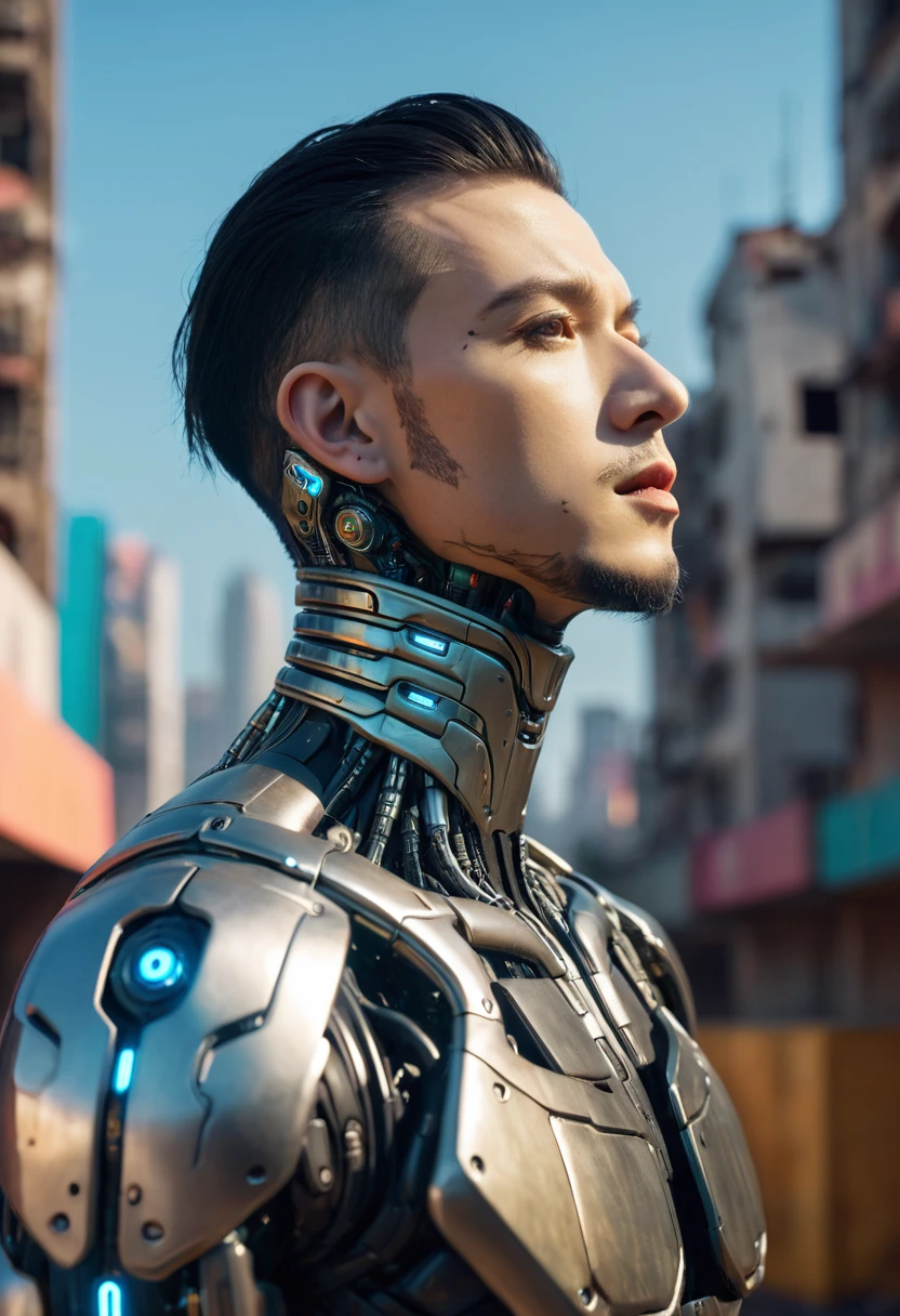 raw photography, ultra detailed, male, cybernetic neck, (cyborgs: 1.5), background is a city block in ruins, vibrant details, luxurious cyberpunk, hyper-realistic, anatomical, elegant, 8k, best quality, masterpiece, extremely detailed, (realistic, photo-realistic: 1.37), portrait.